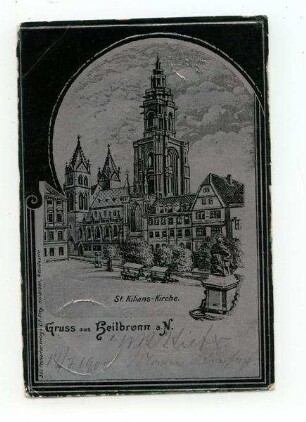 "St. Kilianskirche" - Außenansicht der Kilianskirche von Nordwesten mit Marktplatz, Robert-Mayer-Denkmal und den Häusern Kaiserstraße 32 und 34