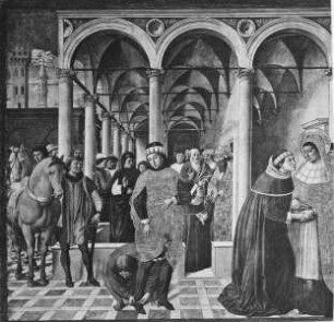 Fresken der Chorkapelle — Vita des Heiligen Augustinus — Der heilige Augustinus hört die Predigt des heiligen Ambrosius; die heilige Monika bittet den heiligen Ambrosius um die Bekehrung ihres Sohnes; der heilige Antonius und der heilige Ambrosius diskutieren über den Manichäismus