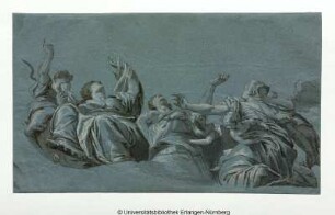 Eine Reihe aufblickender Frauen und Engel, von unten gesehen, auf Wolken