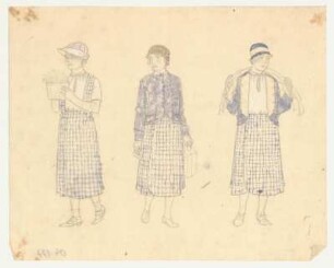 Figurinen : Drei Varianten (Gartenarbeit, Reise, Stadt) eines Looks, karierter Trägerrock, schlichte Bluse mit Bubikragen und Bindeband am Hals, Söckchen, Sandale, Hut mit Sonnenkrempe; Trägerrock, Bluse mit taillenlanger Jacke, Pumps und eng anliegendem Hut; Trägerrock, Bluse mit Bubikragen, Jacke mit Schaltuch und farbigem Hut