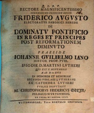 De dominatu pontificio in reges et principes post reformationem diminuto