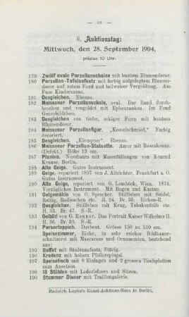 II. Auktionstag: Mittwoch, den 28. September 1904, präzise 10 Uhr