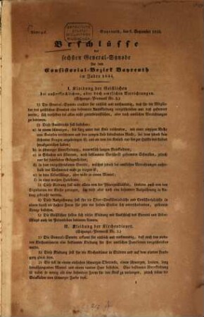 Beschlüsse der sechsten General-Synode für den Consistorial- Bezirk Bayreuth im Jahre 1844 : Abdruck
