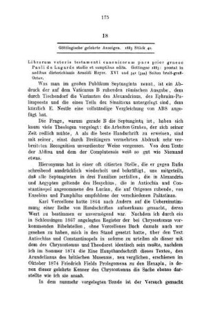 18 Göttingische gelehrte Anzeigen. 1883 Stück 40. Librorum veteris testamenti canonicorum para prior graece Pauli de Lagarde.