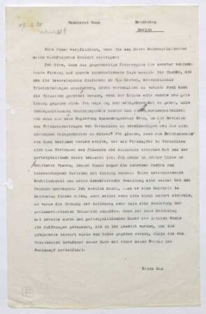Schreiben von Prinz Max von Baden an Ludwig Haas; Konferenz in Spa, Revision des Versailler Vertrags, mögliche Ernennung von Walter Simons zum Reichskanzler