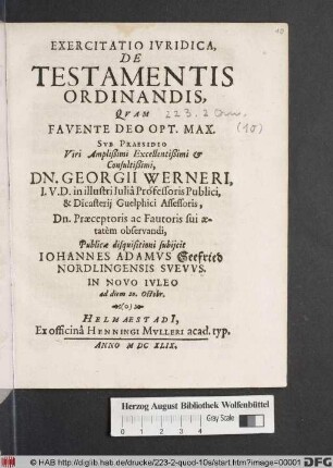 Exercitatio Iuridica, De Testamentis Ordinandis