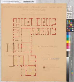 Erweiterungsbau des Krankenhauses Bardenberg. Wirtschaftsgebäude. Z.T. kolorierte Grundrisse und Schnitte. 1. Obergeschoß