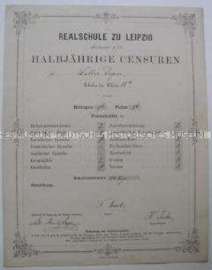 Schulzeugnis der Realschule zu Leipzig, Klasse VIa, für Walter Degen; Leipzig, Sept. (Michaelis) 1873