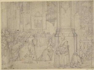 Zu Goethes "Faust": Blatt 18 (21): Kircheninneres während der Messe, auf der vordersten Bank Gretchen in Verzweiflung, hinter ihr der Böse Geist