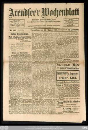Arendsee'r Wochenblatt, Nr. 100. Donnerstag, den 25. August 1921.