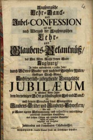 Augspurgische Lehr- Danck- und Jubel-Confession