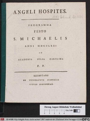Angeli Hospites. Programma Festo S. Michaelis Anni MDCCLXXI In Academia Ivlia Carolina P. P
