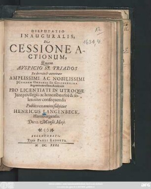 Disputatio Inauguralis; De Cessione Actionum