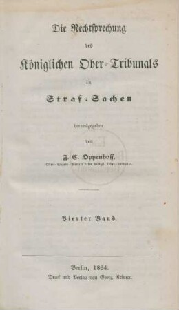 4.1864: Die Rechtsprechung des Königlichen Obertribunals in Strafsachen