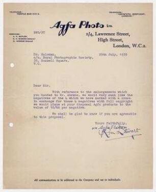 Brief von Agfa Photo, London an Erich Salomon bezüglich einer Anfrage von Negativen