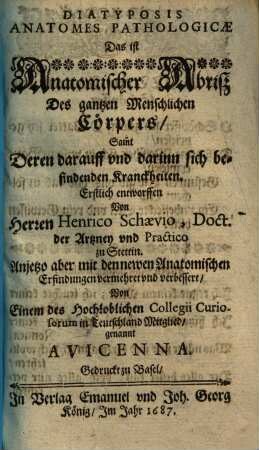 Diatyposis anatomes pathologicae, d. i. Anatomischer Abriß des gantzen Menschlichen Cörpers