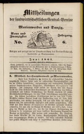 Neun und Zwanzigster Jahrgang. No. 6. Juni 1861.