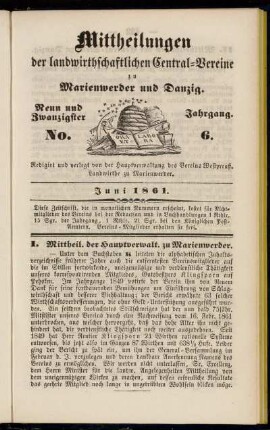 Neun und Zwanzigster Jahrgang. No. 6. Juni 1861.
