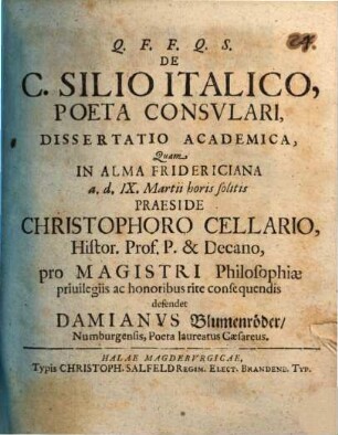 De C. Silio Italico, poeta consvlari, dissertatio academica