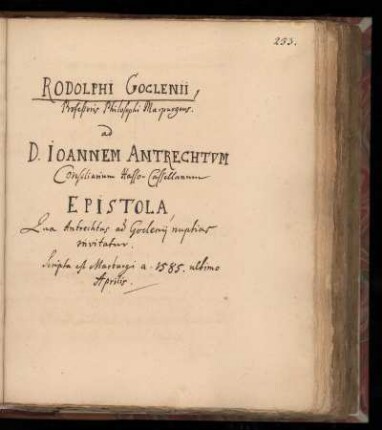 [Brief von Rodolph Goclenius an D. Johann Antrecht (1585)]