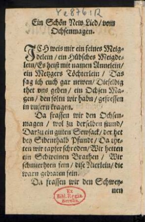 Ein Schœn New Lied/ vom || Ochsenmagen. ||