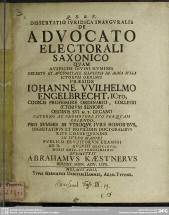 Dissertatio Iuridica Iinauguralis De Advocato Electorali Saxonico