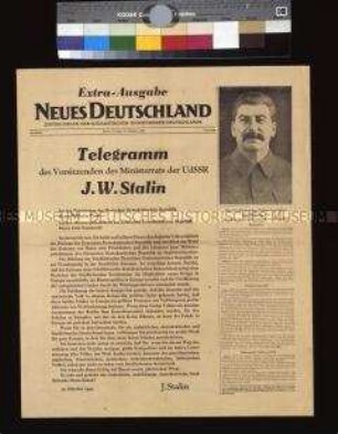 Extra-Ausgabe der Tageszeitung "Neues Deutschland" mit dem Wortlaut des Telegrammes von Stalin anlässlich der Gründung der DDR