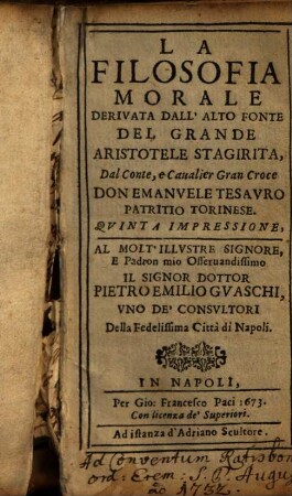 La Filosofia Morale : Derivata Dall' Alto Fonte Del Grande Aristotele Stagirita