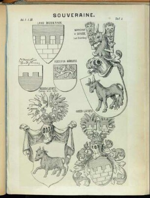 Taf. 1. Land Budessin. - Markgraf v. Lusitz. (n. Grünenberg.) - Marichio Budislium - Herzogtum Görlitz. - Nieder-Lausitz. (Schles. W.B. 1578.) Ober Lausitz.