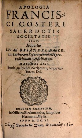 Apologia adversus Lucae Osiandri refutationem 8 propositionum catholicarum