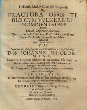 Dissertatio Medico Chirurgica Inauguralis De Fractura Ossis Tibiae Cum Vulnere Et Prominente Osse