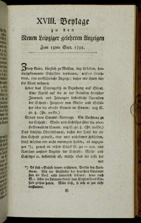 XVIII. Beylage zu den Neuen Leipziger gelehrten Anzeigen. Zum 15ten Sept. 1795.