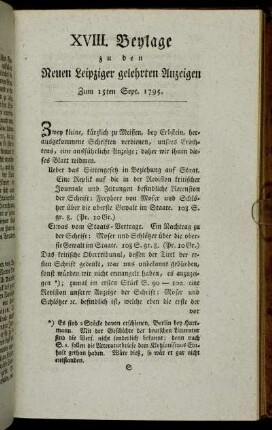 XVIII. Beylage zu den Neuen Leipziger gelehrten Anzeigen. Zum 15ten Sept. 1795.
