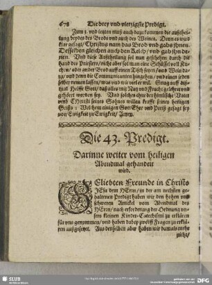 Die 43. Predigt. Darinne weiter vom heiligen Abendmal gehandelt wird