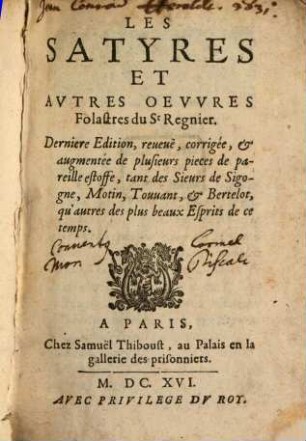 Les satyres et autres oeuvres folastres du St. Regnier