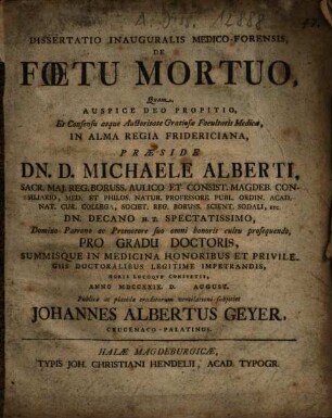 Dissertatio Inauguralis Medico-Forensis, De Foetu Mortuo