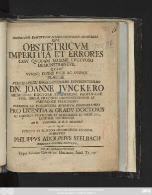 Dissertatio Inavgvralis Medico-Chirvrgico-Obstetricia Qva Obstetricvm Imperitia Et Errores Casv Qvodam Maxime Lvctvoso Demonstrantvr