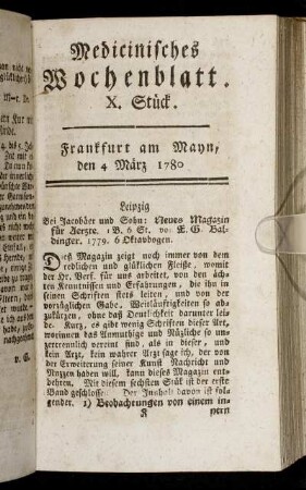 X. Stück. Frankfurt am Mayn, den 4 März 1780. - XIII. Stück. Frankfurt am Mayn, den 25 März 1780.