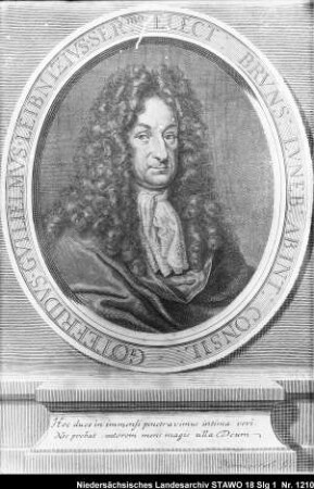 Gottfried Wilhelm Leibniz (älterer Positivabzug vorhanden) Kupferstich von Bernigeroth aus Dr. Zimmermanns Sammlung (aufgenommen im Sommer 1916)