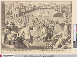 [Fischfang mit Käschern im Arno, rechts der Flussgott; Fisching with dipnets in the river Arno]