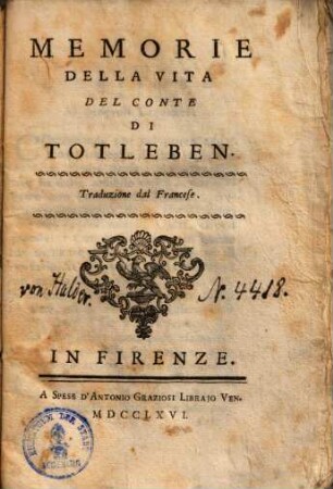 Memorie della vita del conte di Totleben : Traduzione dal Francese
