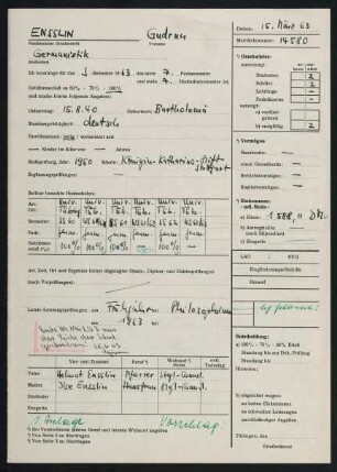 Antrag auf Gebührenerlass Sommersemester 1963.