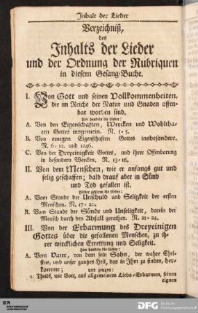 Inhalt der Lieder und Ordnung der Rubriquen.