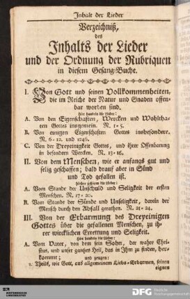 Inhalt der Lieder und Ordnung der Rubriquen.