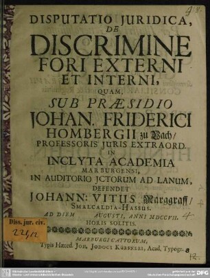 Disputatio Iuridica, De Discrimine Fori Externi Et Interni