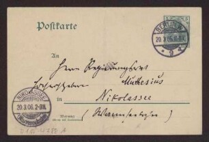 Schreiben an Hermann Muthesius (Postkarte)