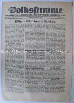 Mitteilungsblatt der KPD Baden "Badische Volksstimme" zur politischen Situation in den westlichen Besatzungszonen