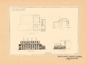 Kraftwerk, Düsseldorf: Grundriss, Schnitt, 2 Ansichten, 1:200