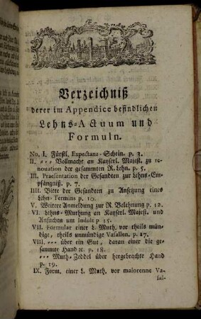 Verzeichniß derer im Appendice befindlichen Lehns-Actuum und Formuln.