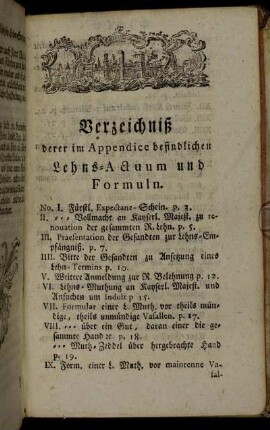 Verzeichniß derer im Appendice befindlichen Lehns-Actuum und Formuln.